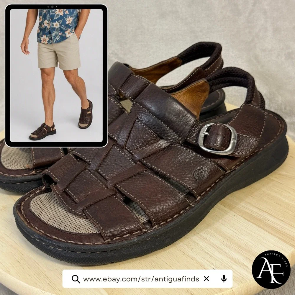 Born Mens Brown Leather Fisherman Sandals M6428 Size 12 Woven Strappy Buckle